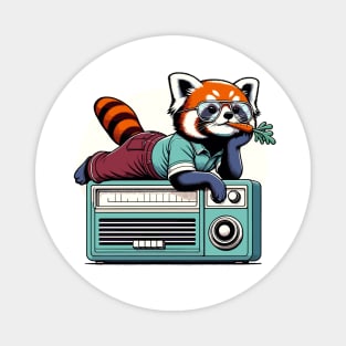 70s red panda eating carrot while sitting on vintage radio Magnet